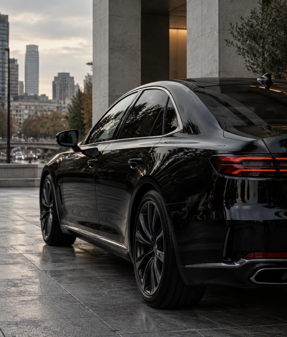 Detail of a dark sedan parked beside modern city architecture