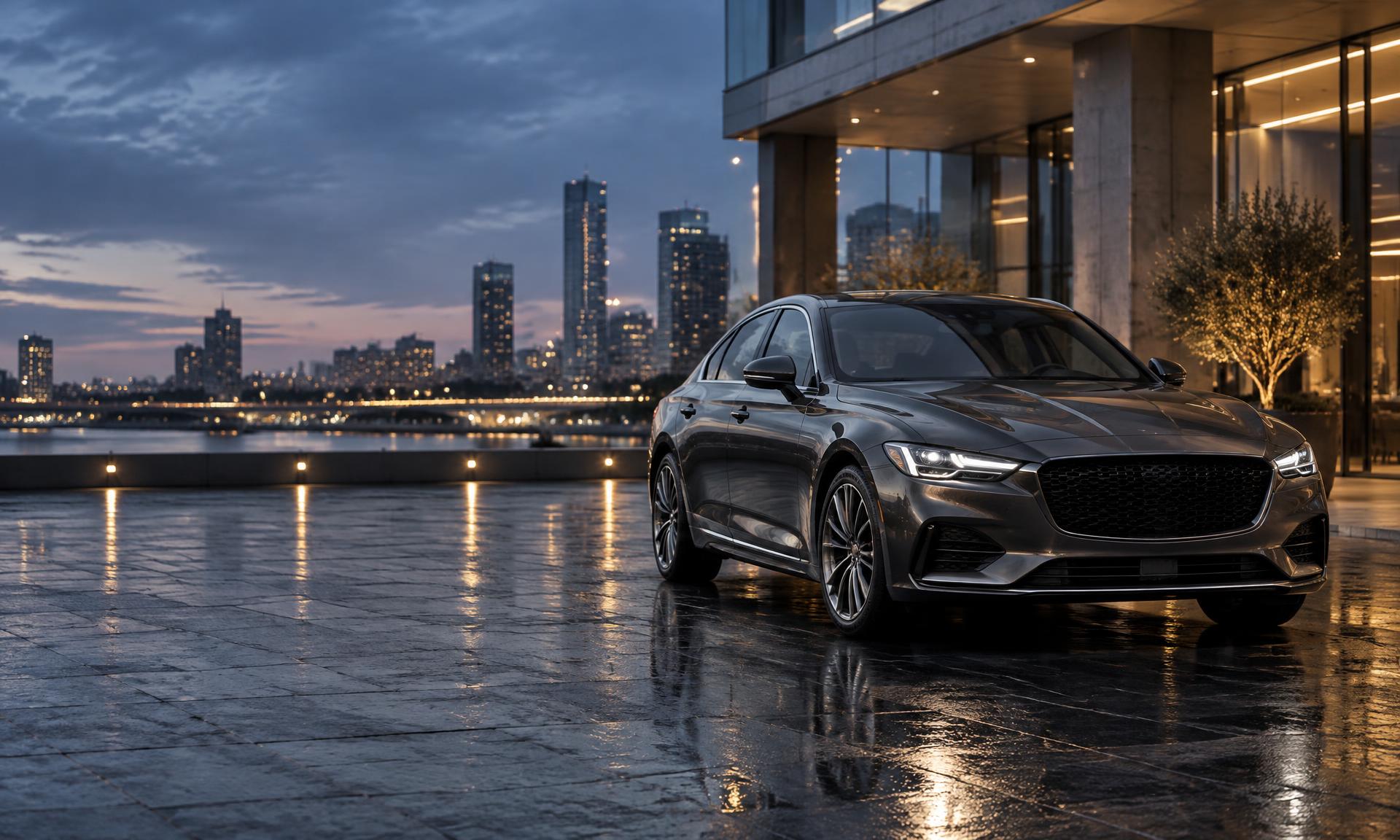 Dark sedan parked outside a contemporary city building at dusk